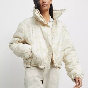 Urban Outfitters BDG Ivory Linen Printed Isla Cropped Puffer